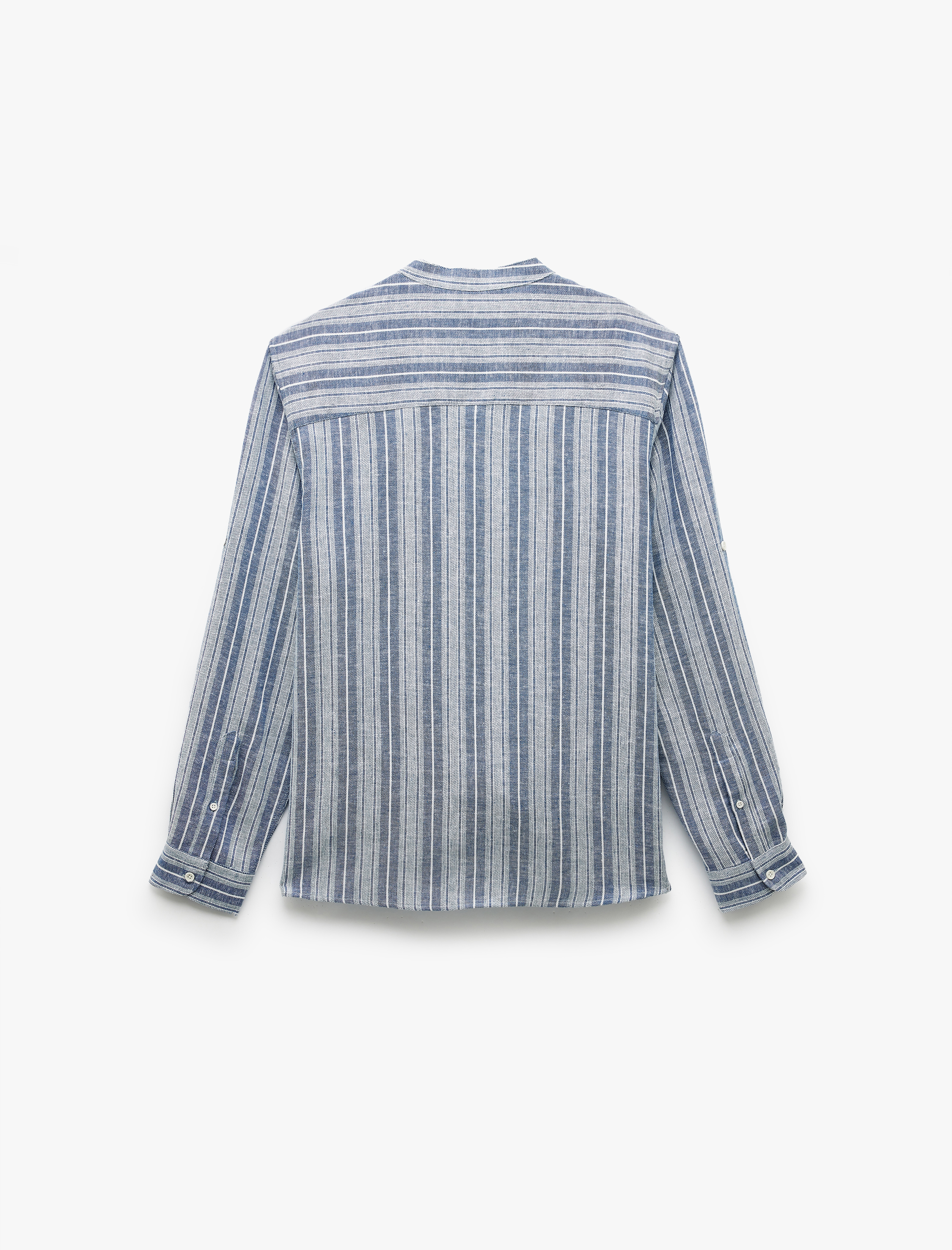   Keten Viskon Karışımlı Regular Fit Düğmeli Uzun Kollu Çizgili Hakim Yaka Gömlek