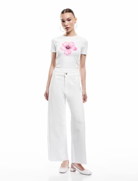 Kısa Kollu Bisiklet Yaka Slim Fit Pamuklu Çiçek Baskılı Tişört