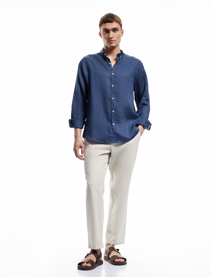  Uzun Kollu Regular Fit Düğmeli Yaka Klasik Keten Gömlek