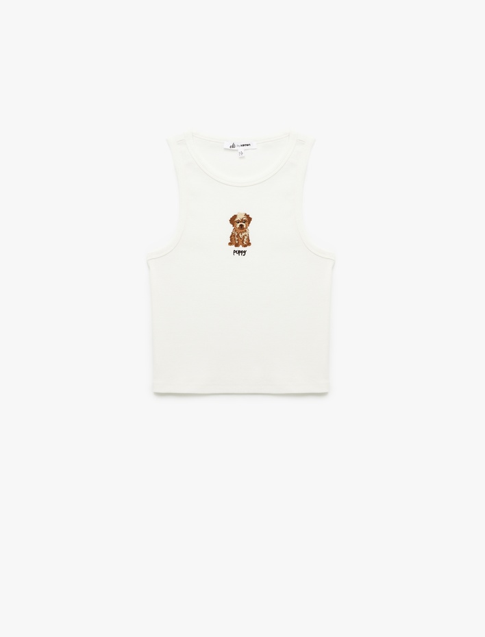  Köpek Nakış Detaylı Slim Fit Bisiklet Yaka Pamuklu Kolsuz Bluz
