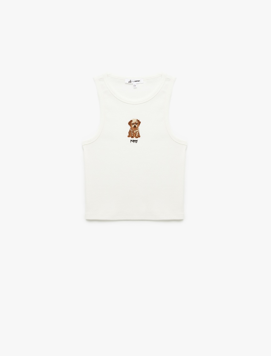   Köpek Nakış Detaylı Slim Fit Bisiklet Yaka Pamuklu Kolsuz Bluz