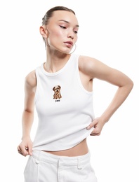 Köpek Nakış Detaylı Slim Fit Bisiklet Yaka Pamuklu Kolsuz Bluz