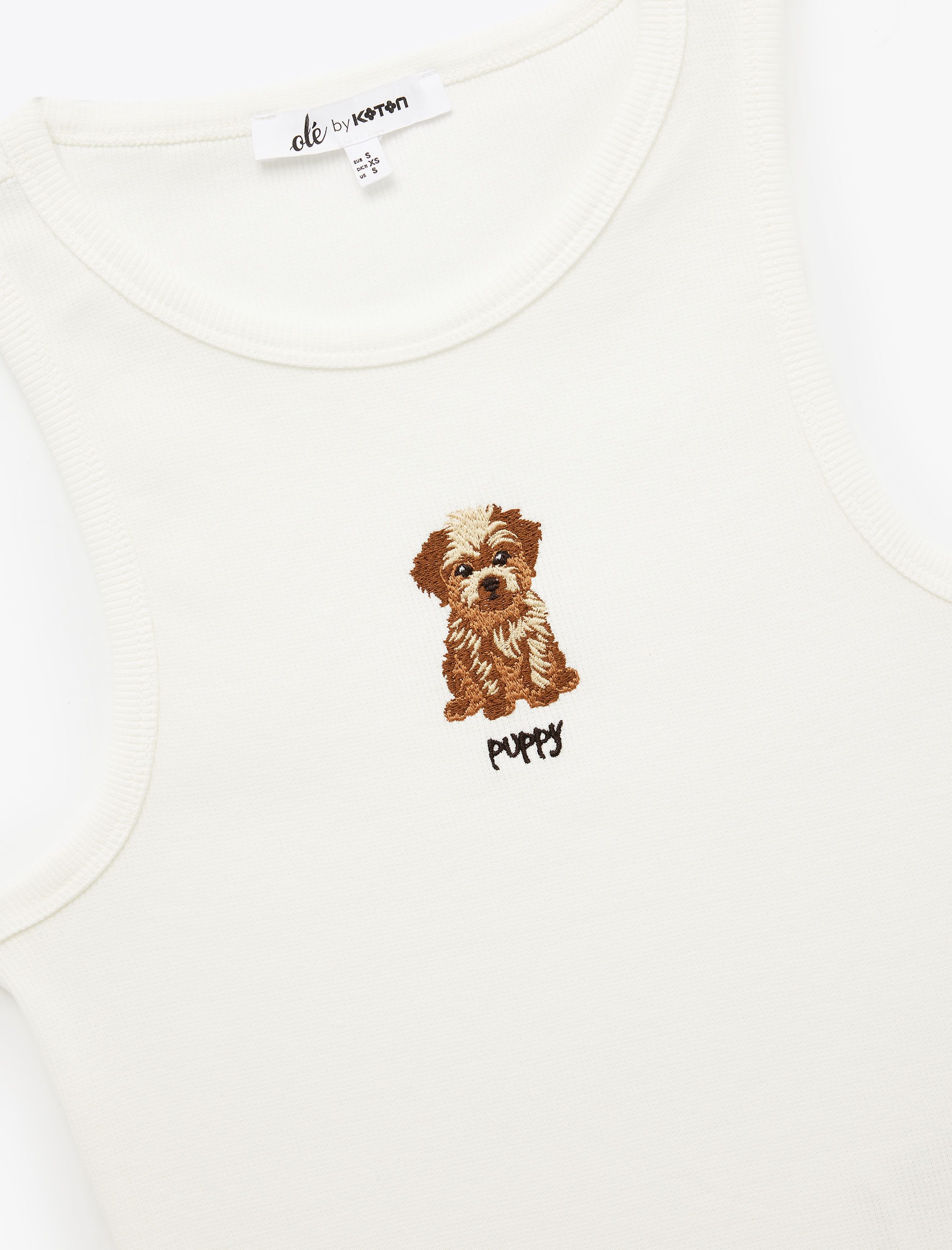   Köpek Nakış Detaylı Slim Fit Bisiklet Yaka Pamuklu Kolsuz Bluz