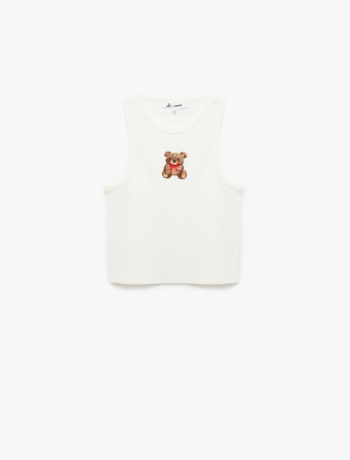  Bisiklet Yaka Pamuklu Slim Fit Ayıcık Nakışlı Kolsuz Bluz