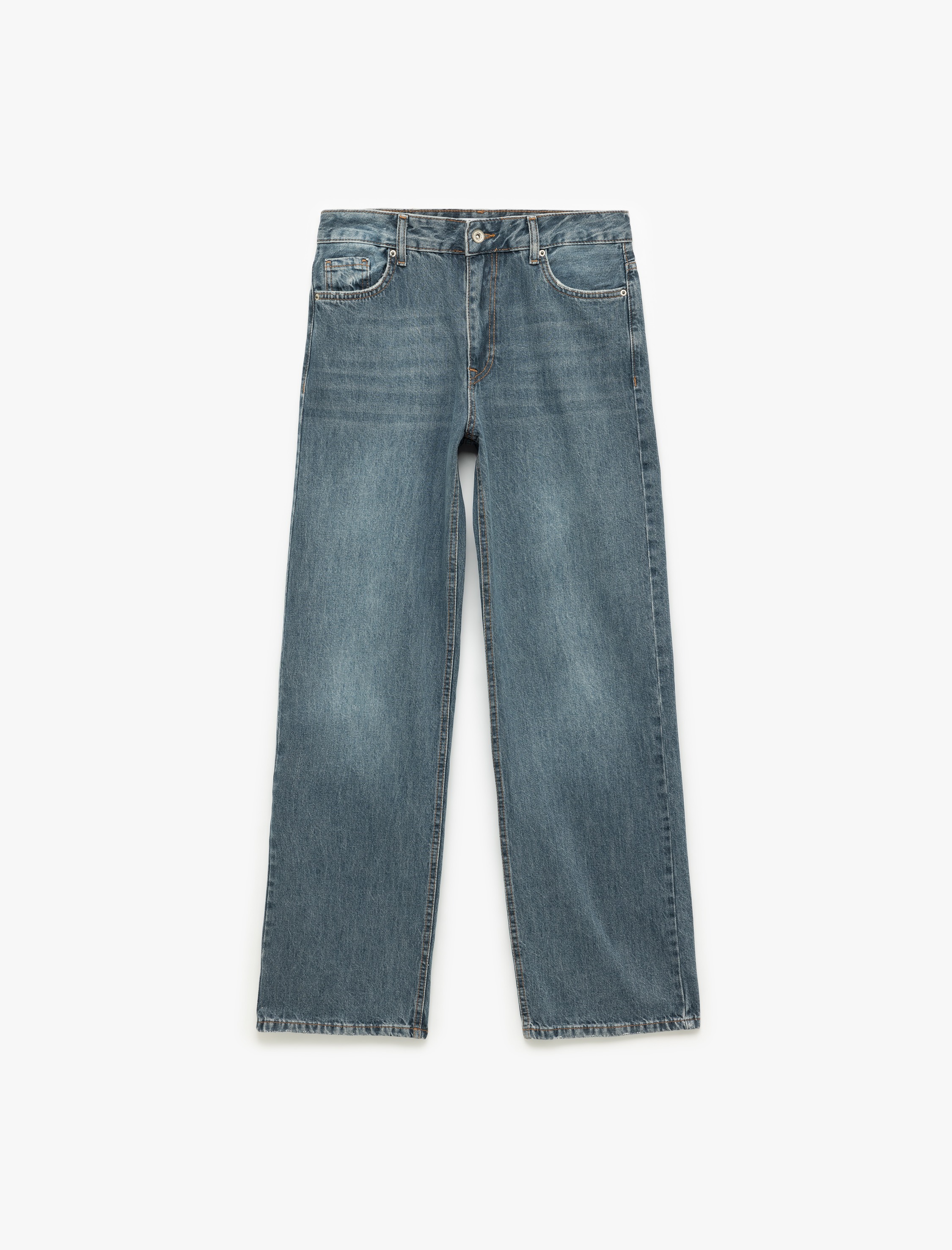   Normal Bel Straight Fit Düğmeli Pamuklu Düz Paça Jean Pantolon - Straight Fit Jean