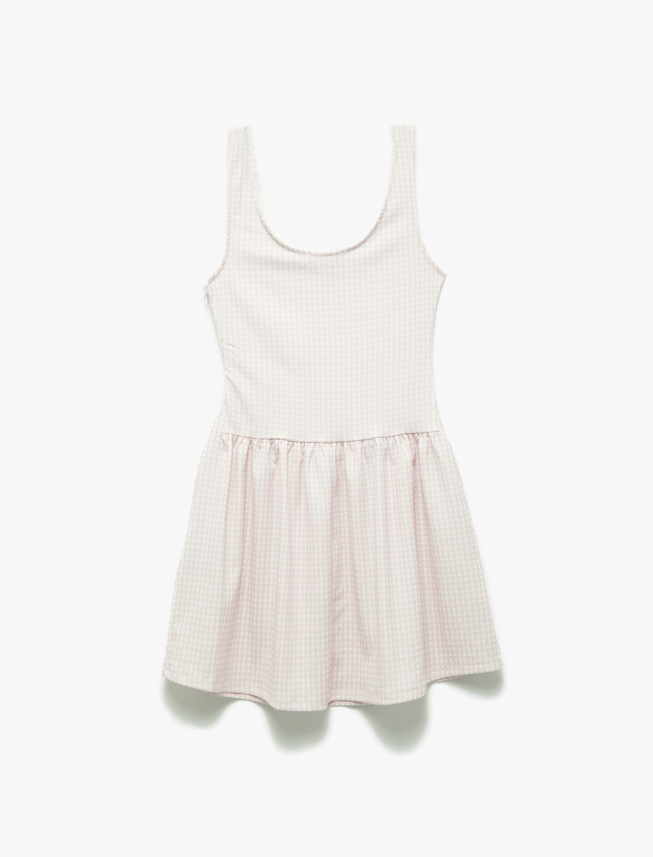   Kolsuz U Yaka Bürümcük Volanlı Fiyonklu Pötikareli Kloş Mini Elbise