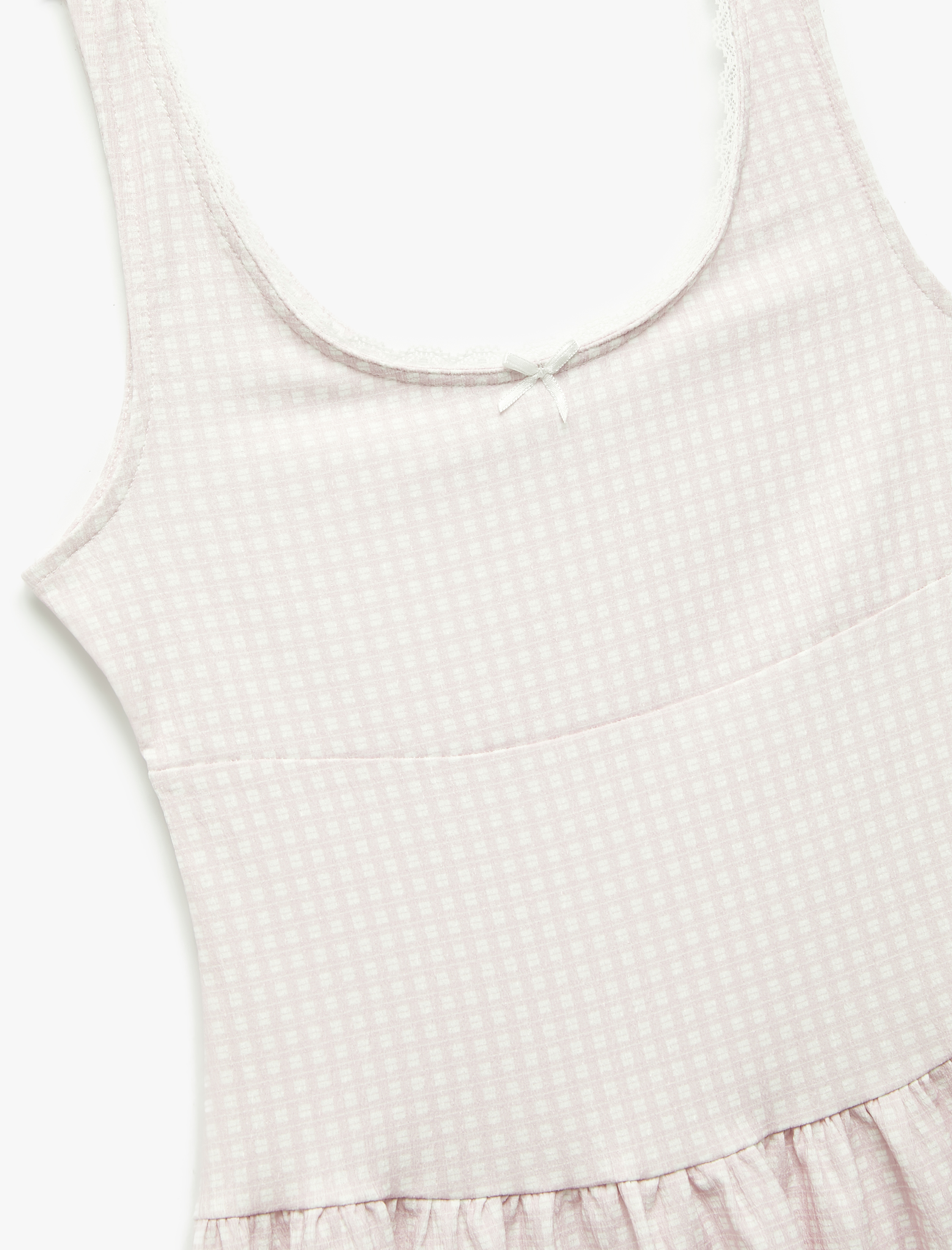   Kolsuz U Yaka Bürümcük Volanlı Fiyonklu Pötikareli Kloş Mini Elbise