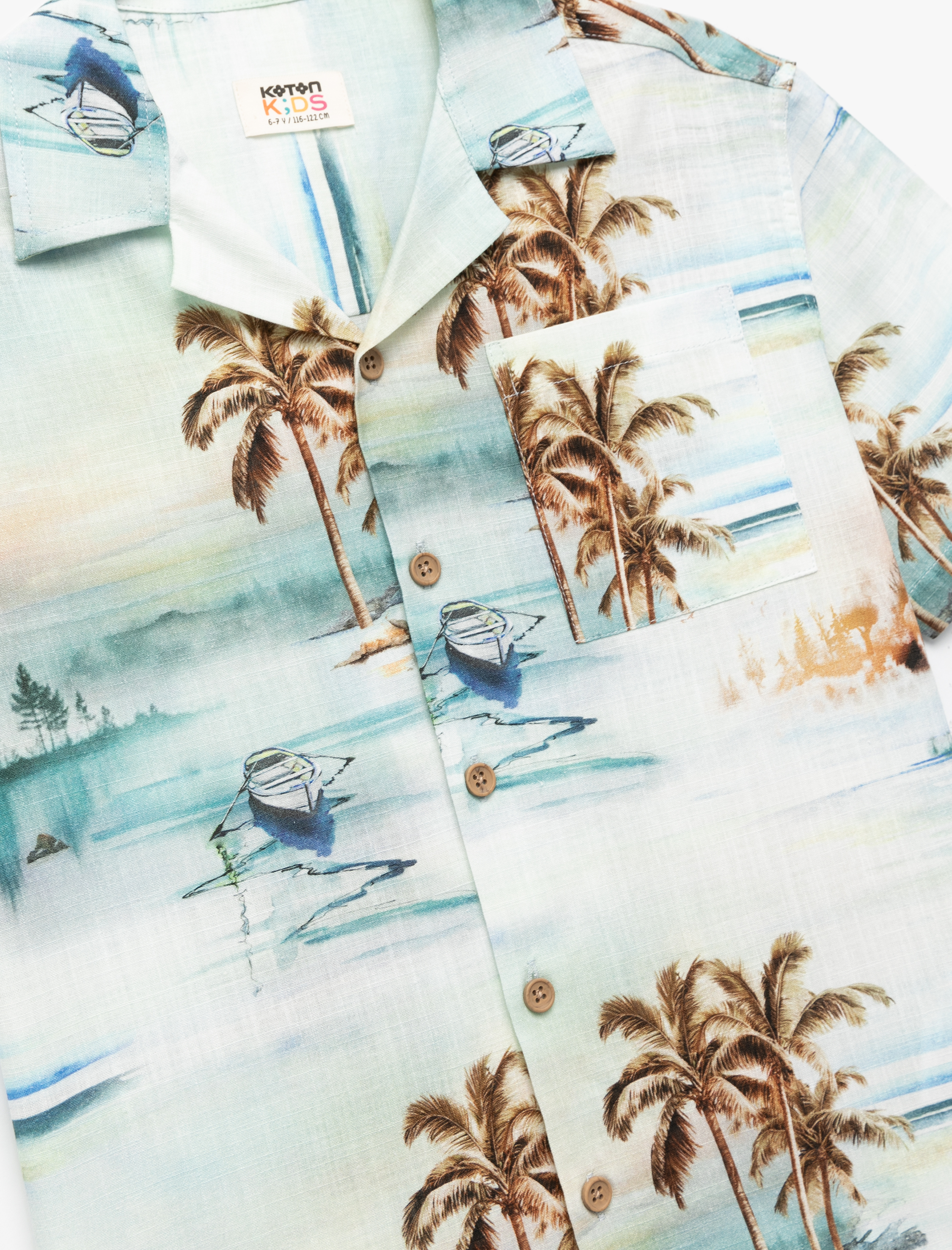  Erkek Çocuk Palmiye Desenli Kısa Kollu Düğmeli Cep Detaylı Pamuklu Gömlek