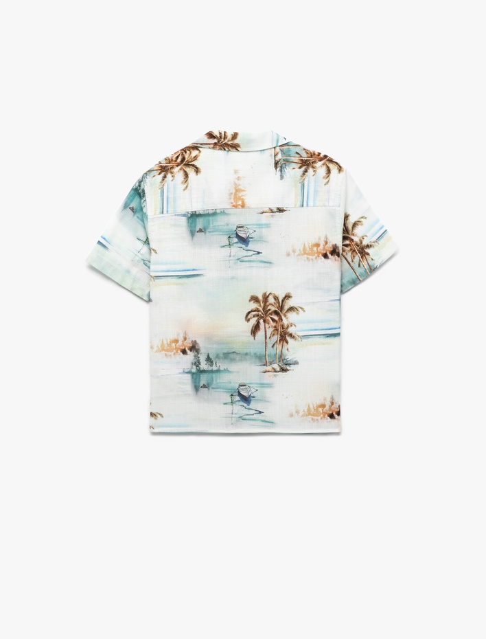 Erkek Çocuk Palmiye Desenli Kısa Kollu Düğmeli Cep Detaylı Pamuklu Gömlek