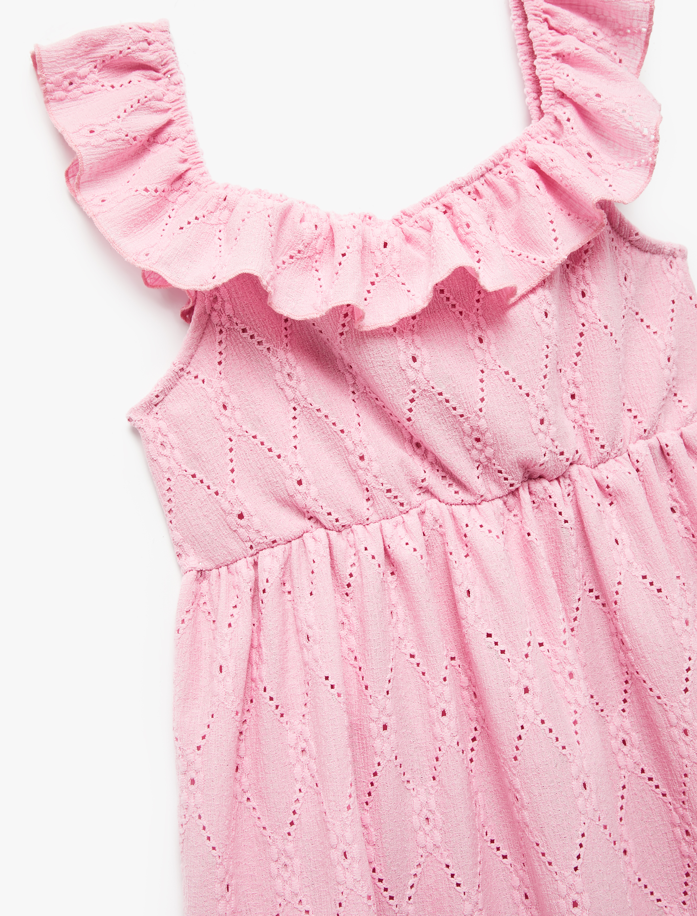  Kız Çocuk Fırfır Detaylı Yuvarlak Yaka A Kesim Katlı Kolsuz Elbise