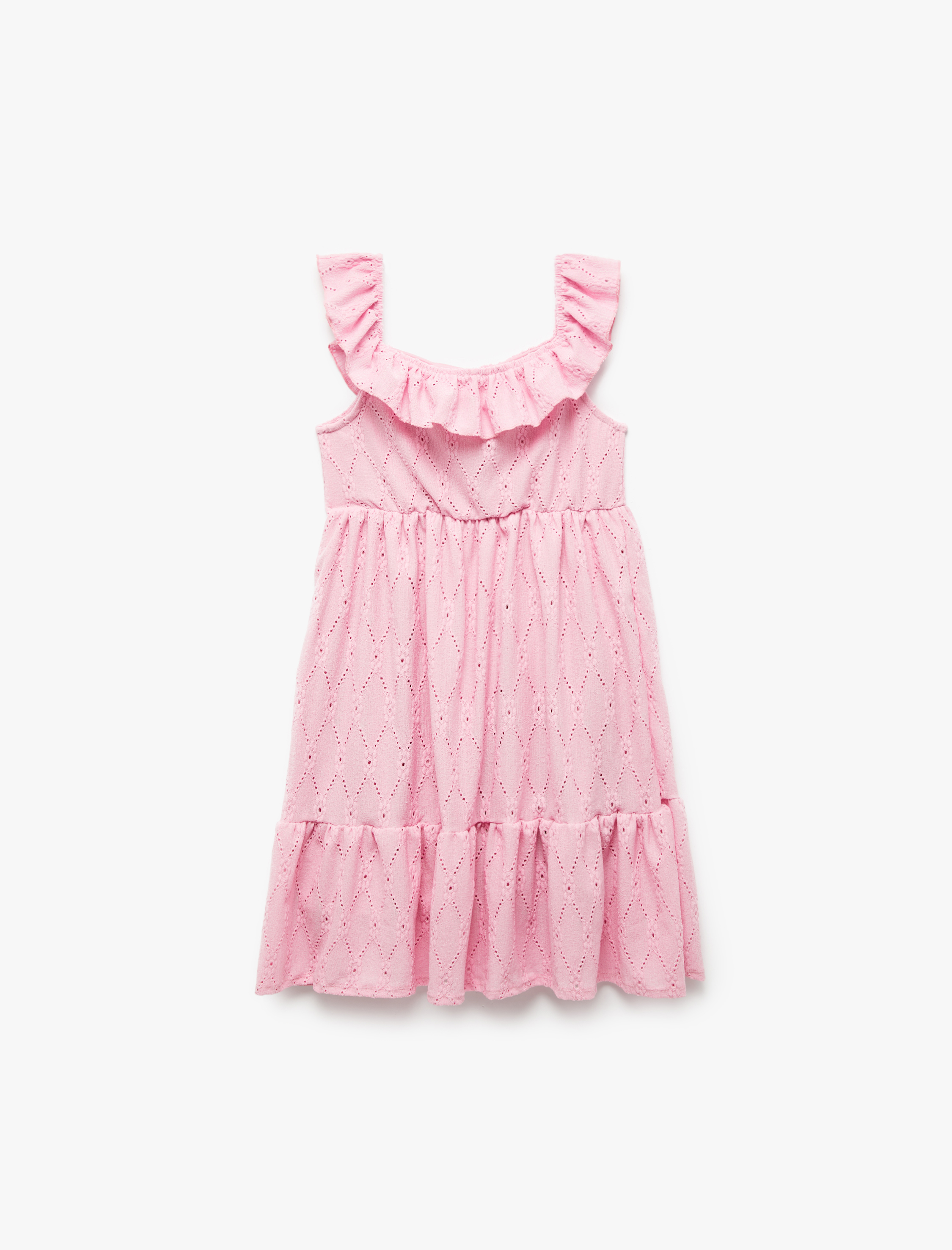  Kız Çocuk Fırfır Detaylı Yuvarlak Yaka A Kesim Katlı Kolsuz Elbise