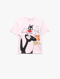 Lisanslı Tweety ve Sylvester Baskılı Kısa Kollu Bisiklet Yaka Pamuklu Tişört