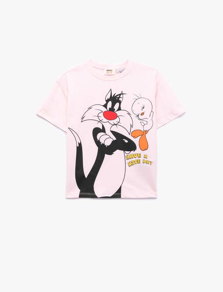 Kız Çocuk Lisanslı Tweety ve Sylvester Baskılı Kısa Kollu Bisiklet Yaka Pamuklu Tişört