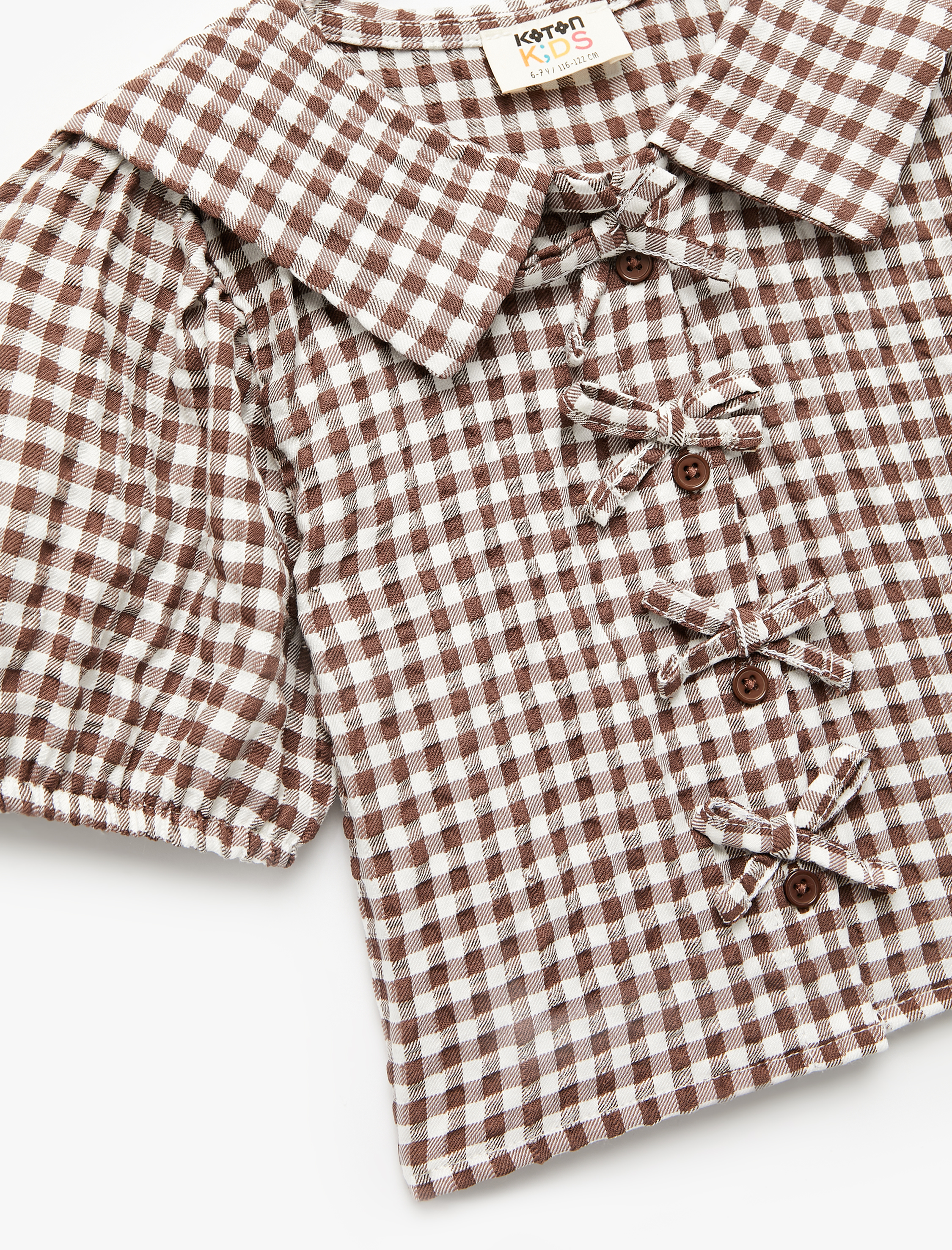  Kız Çocuk Gömlek Yaka Balon Kollu Kurdele Detaylı Pötikare Crop Bluz