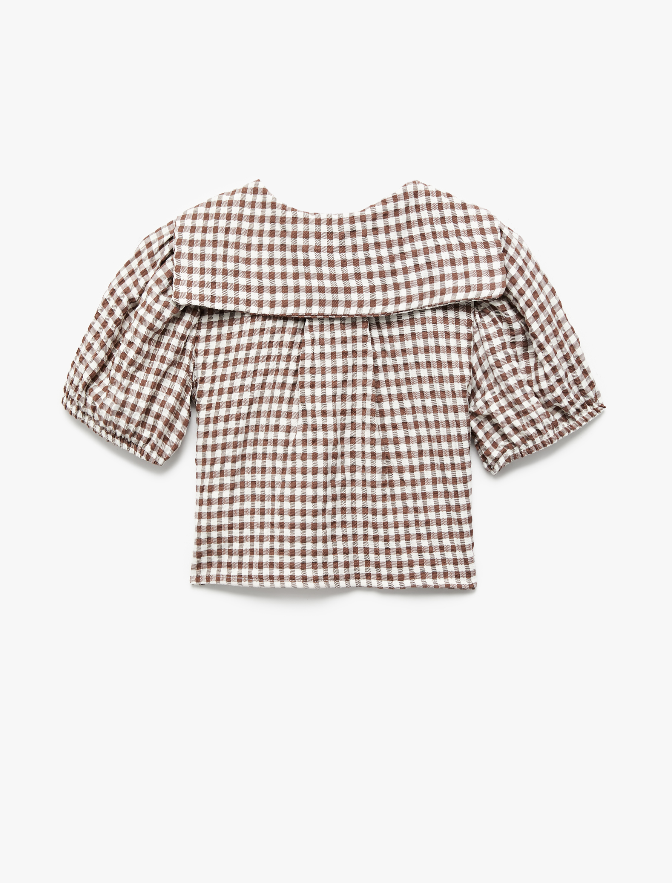  Kız Çocuk Gömlek Yaka Balon Kollu Kurdele Detaylı Pötikare Crop Bluz