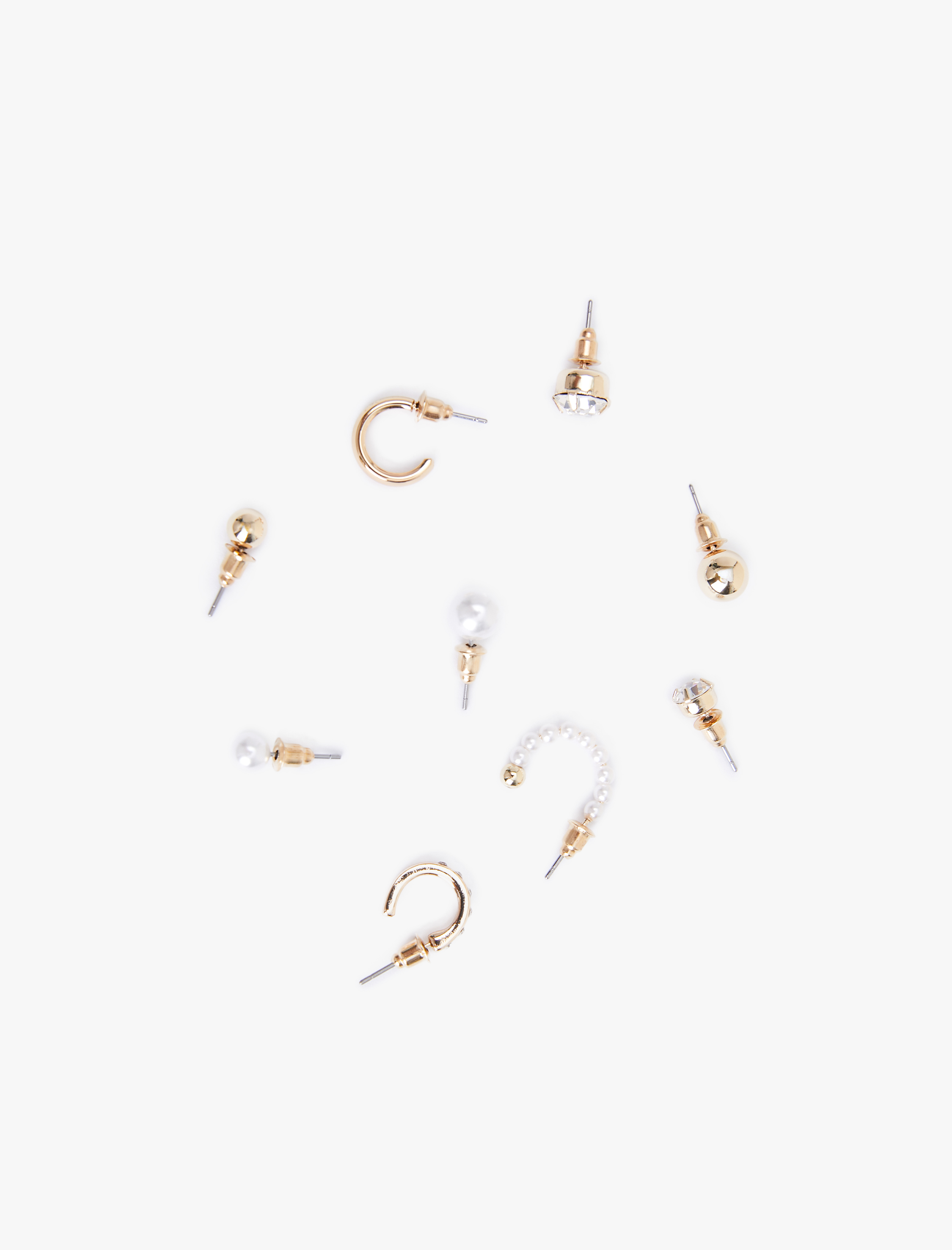  Kadın Çelik Karışımlı Taş ve İnci Detaylı 9'lu Top ve Halka Küpe Seti