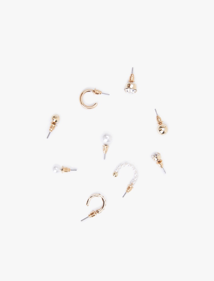 Kadın Çelik Karışımlı Taş ve İnci Detaylı 9'lu Top ve Halka Küpe Seti