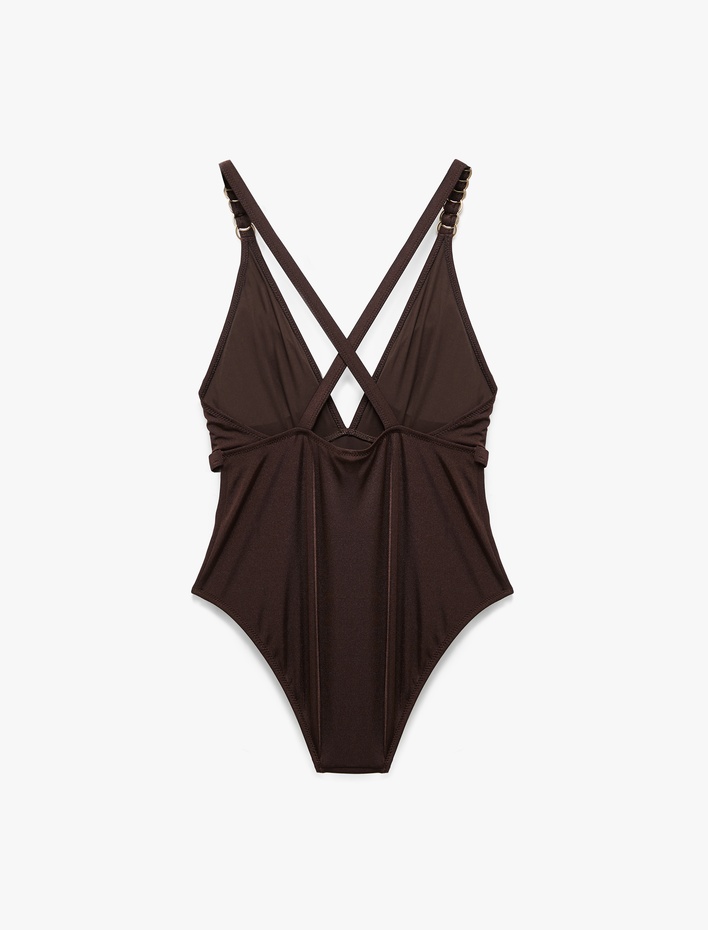  Aksesuarlı Derin V Yaka Arkası Çapraz Askılı Mayo