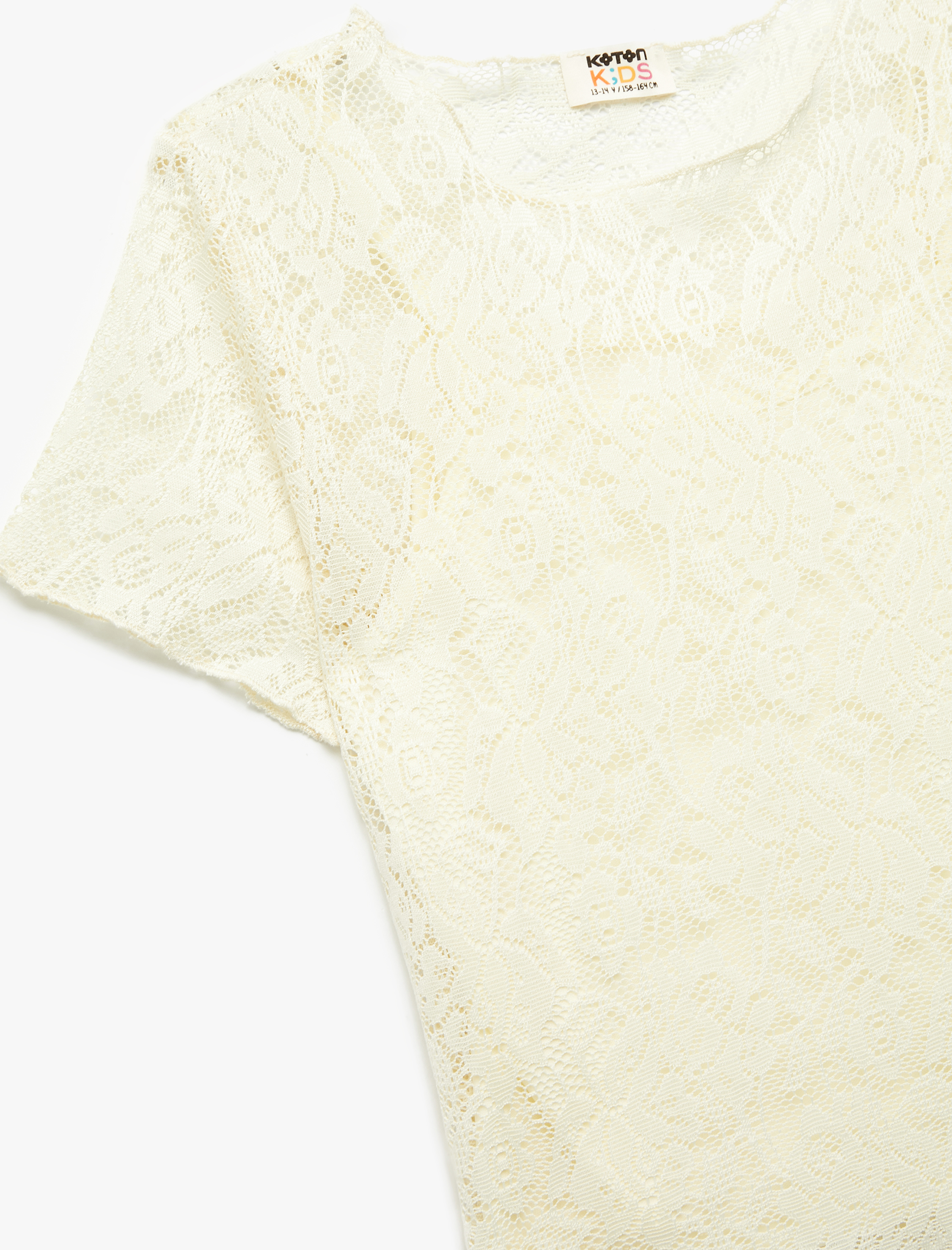  Kız Çocuk Dantel Detaylı Bisiklet Yaka Kısa Kollu Astarlı Crop Tişört