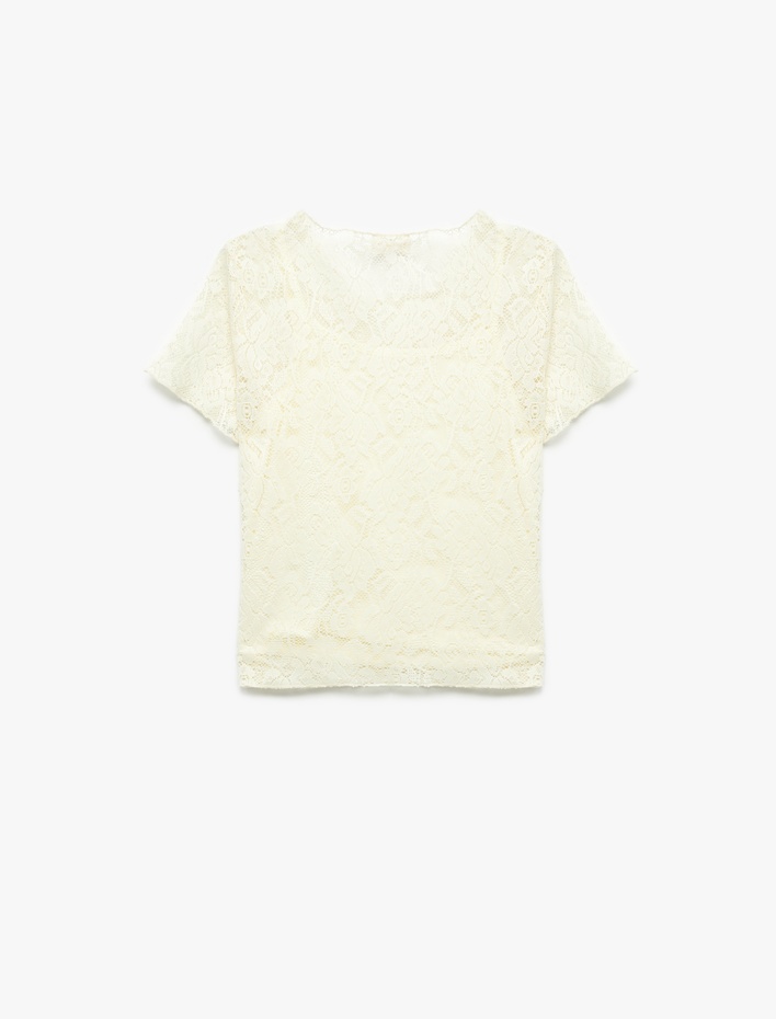 Kız Çocuk Dantel Detaylı Bisiklet Yaka Kısa Kollu Astarlı Crop Tişört