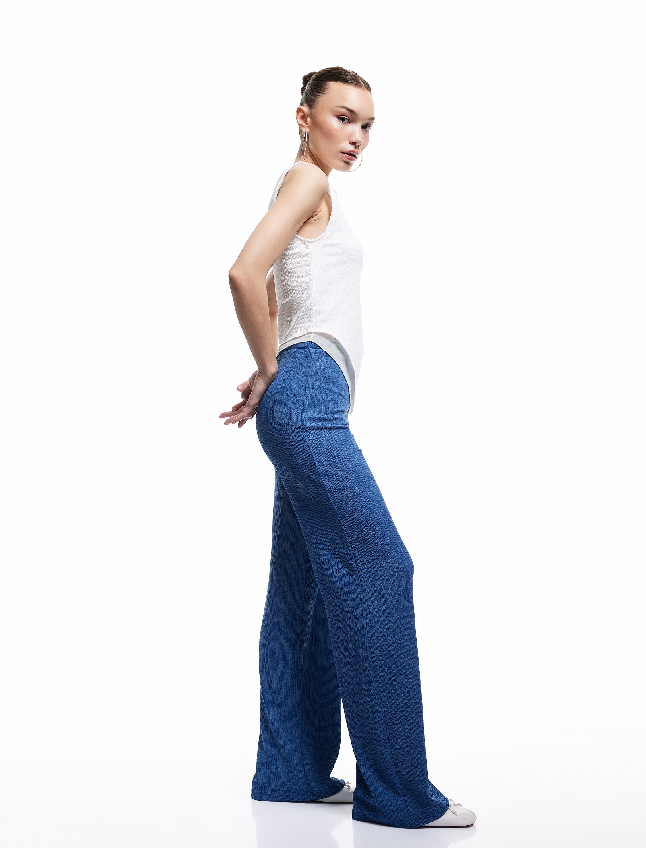   Beli Bağcıklı Yüksek Bel Bol Paça Bürümcük Rahat Kalıp Pantolon