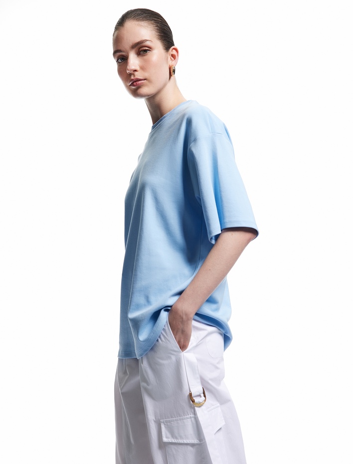  Pamuklu Rahat Kalıp Kısa Kollu Bisiklet Yaka Basic Tişört