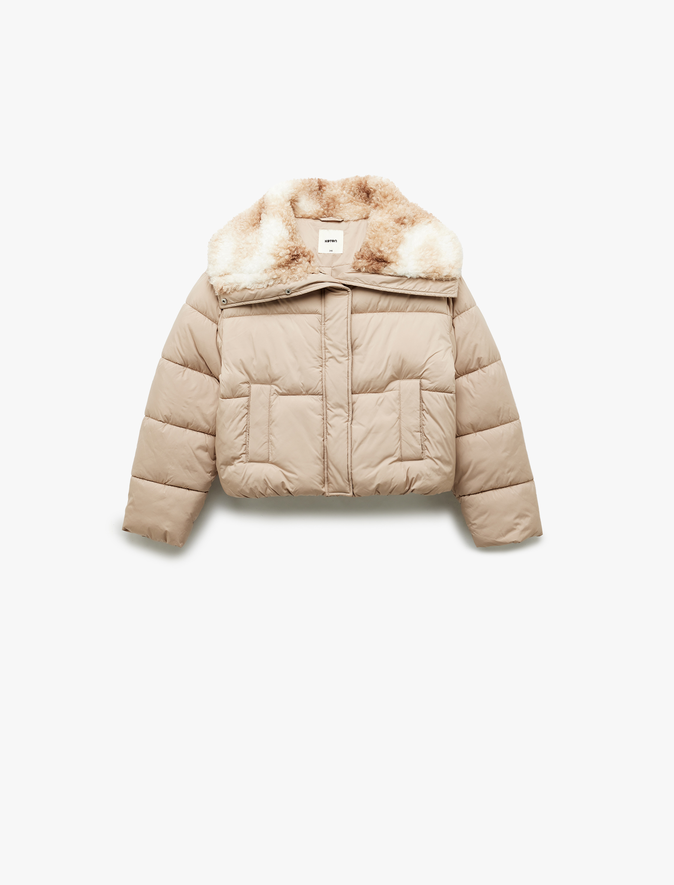   Uzun Kollu Cepli Fermuarlı Su İtici Suni Kürk Yaka Detaylı Kısa Şişme Mont