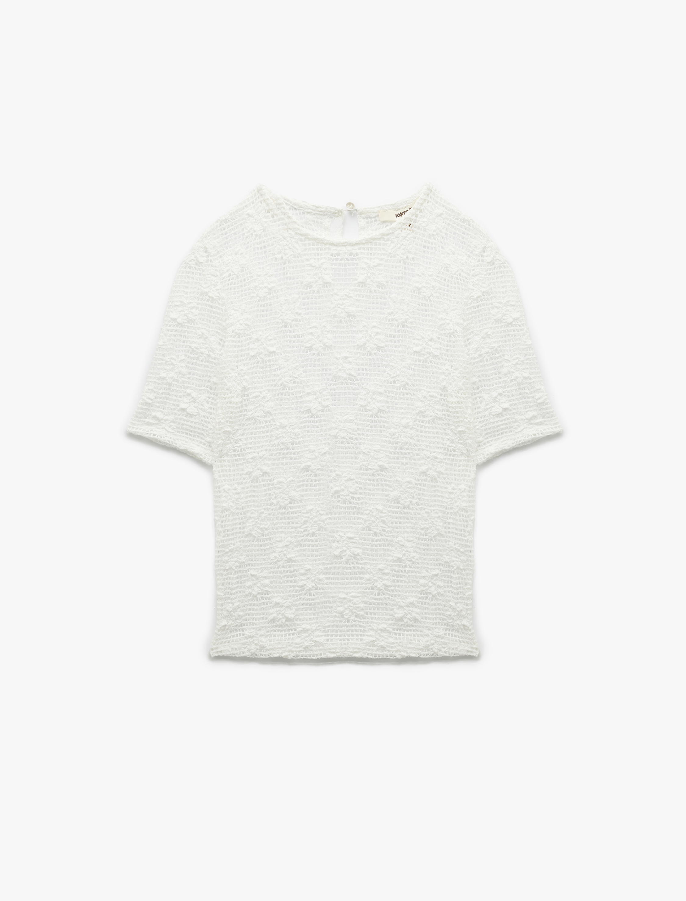   Transparan Kısa Kollu Bisiklet Yaka Dantel Bluz