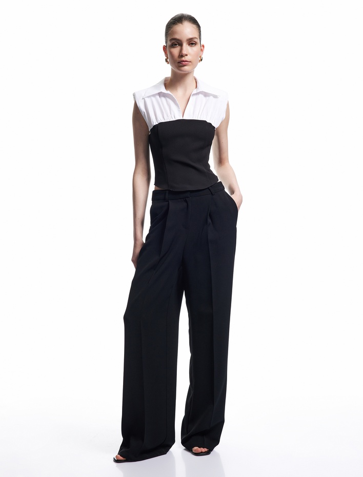  Pamuklu Renk Kontrastlı Gömlek Yaka Poplin Kolsuz Bluz