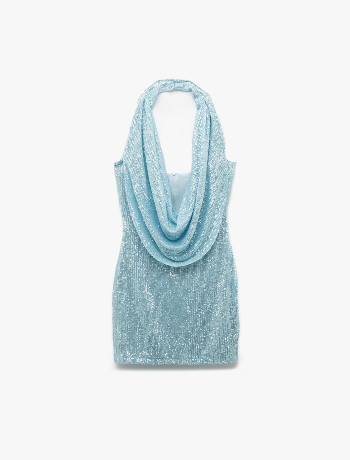  Koton X Sibil Çetinkaya - Şal Yaka Kolsuz Payetli Dar Kesim Mini Abiye Elbise