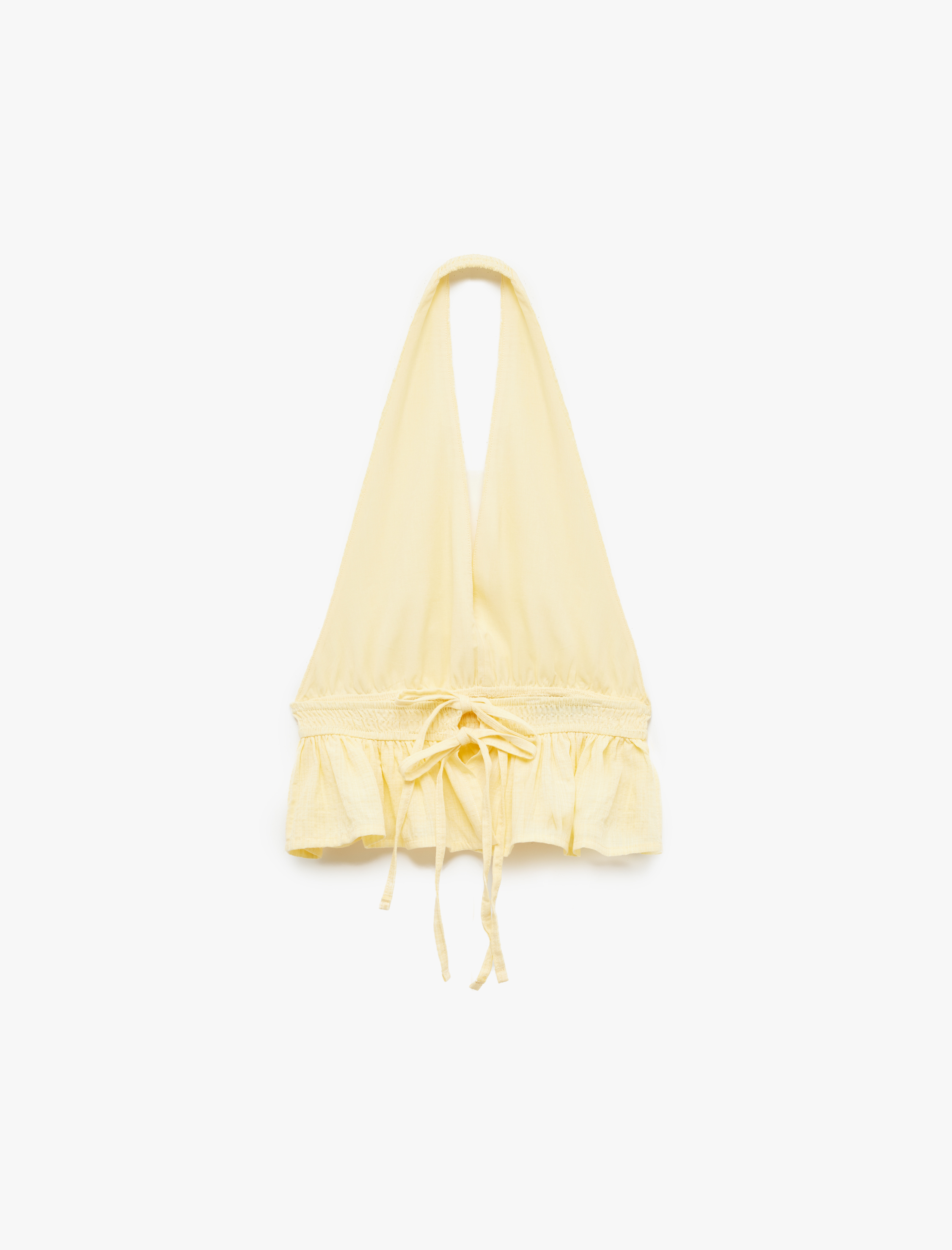   Sırt Detaylı Slim Fit Fırfırlı Kolsuz Viskon Karışımlı Halter Yaka Crop Bluz