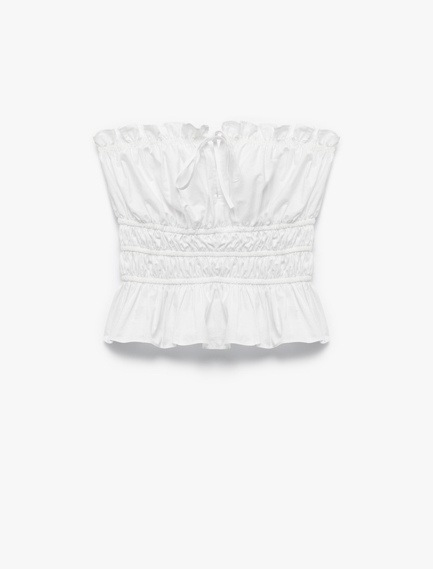 Koton X İnji - Straplez Yaka Pamuklu Büzgülü Kolsuz Slim Fit Poplin Crop Bluz_3