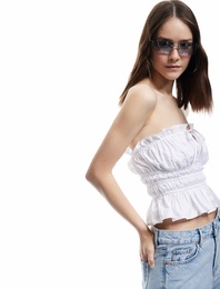 Straplez Yaka Pamuklu Büzgülü Kolsuz Slim Fit Poplin Crop Bluz