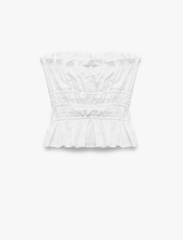 Koton X İnji - Straplez Yaka Pamuklu Büzgülü Kolsuz Slim Fit Poplin Crop Bluz_4