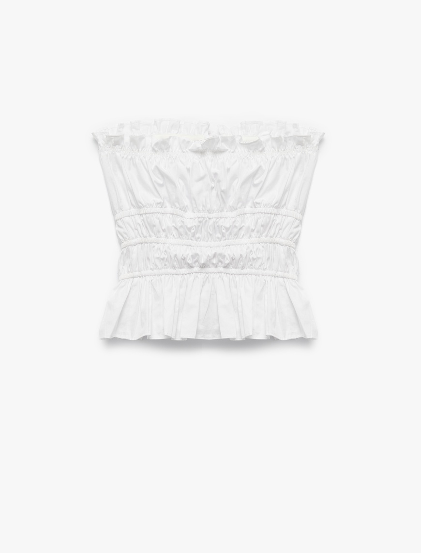   Koton X İnji - Straplez Yaka Pamuklu Büzgülü Kolsuz Slim Fit Poplin Crop Bluz