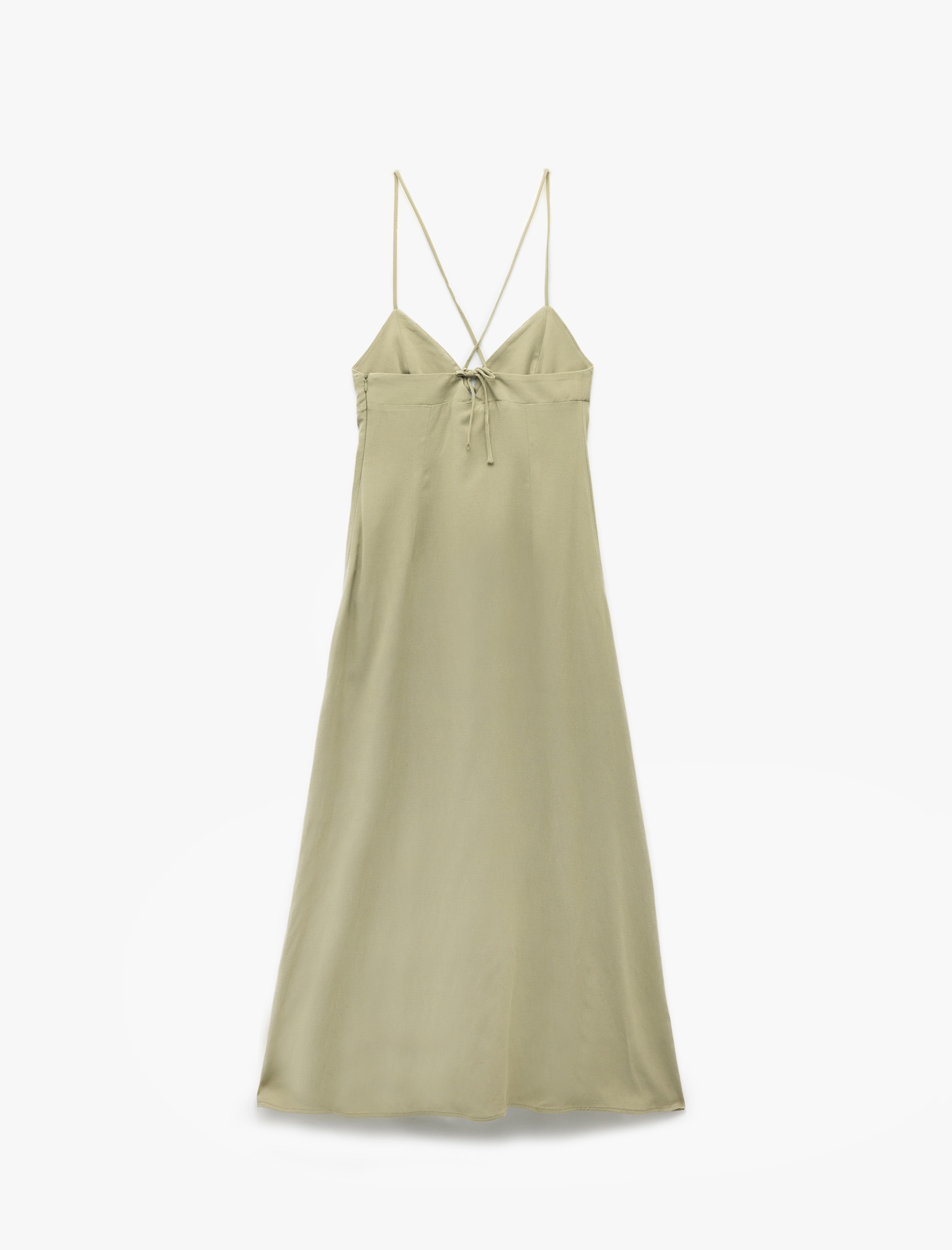 Viskon Keten Karışımlı Çan Kesim Kalp Yaka İnce Askılı Uzun Elbise