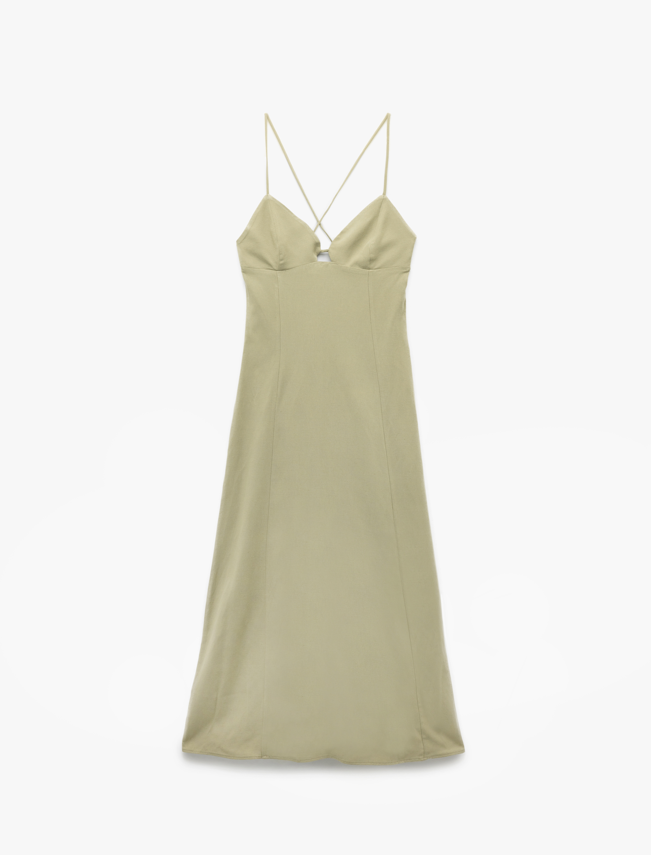 Viskon Keten Karışımlı Çan Kesim Kalp Yaka İnce Askılı Uzun Elbise