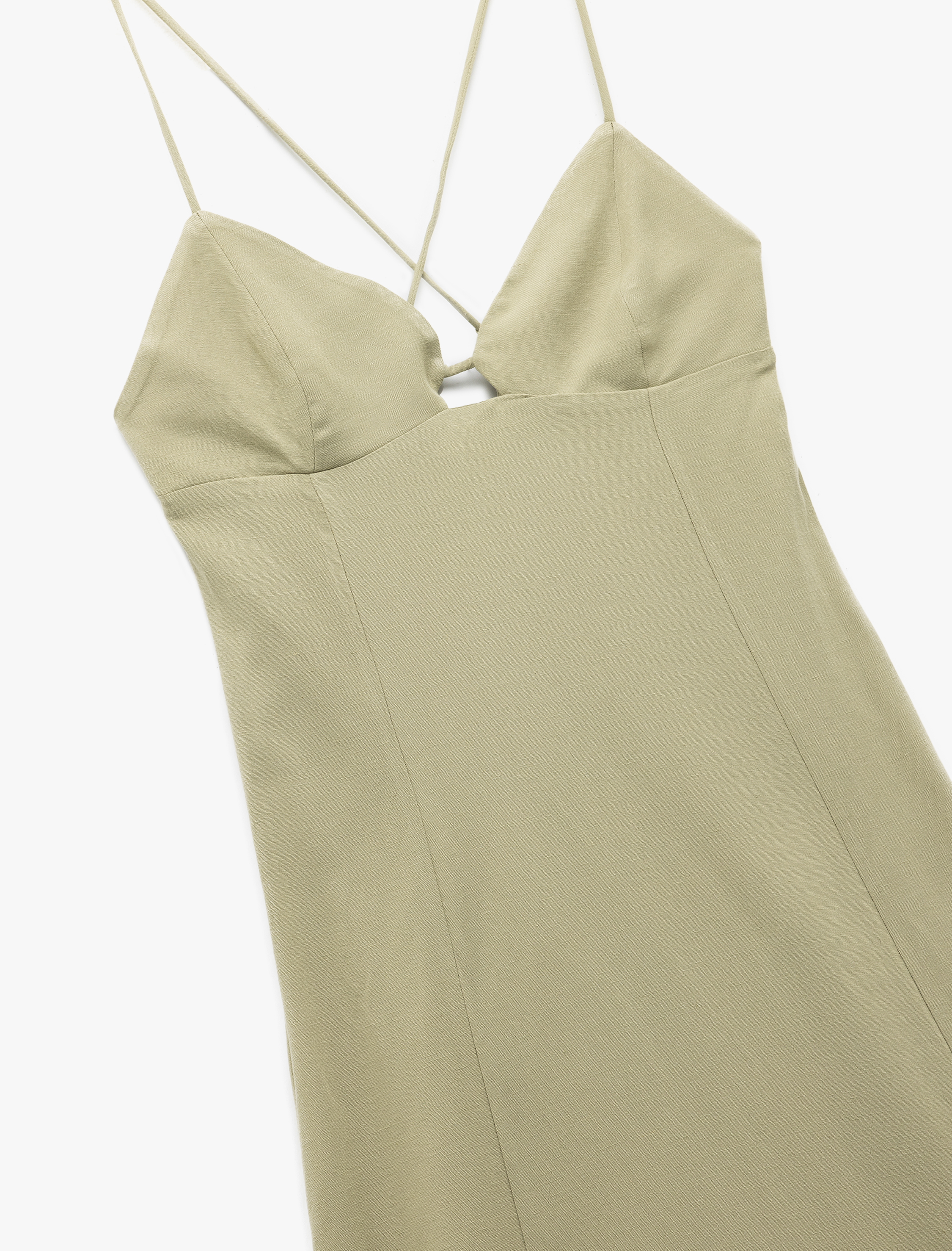 Viskon Keten Karışımlı Çan Kesim Kalp Yaka İnce Askılı Uzun Elbise