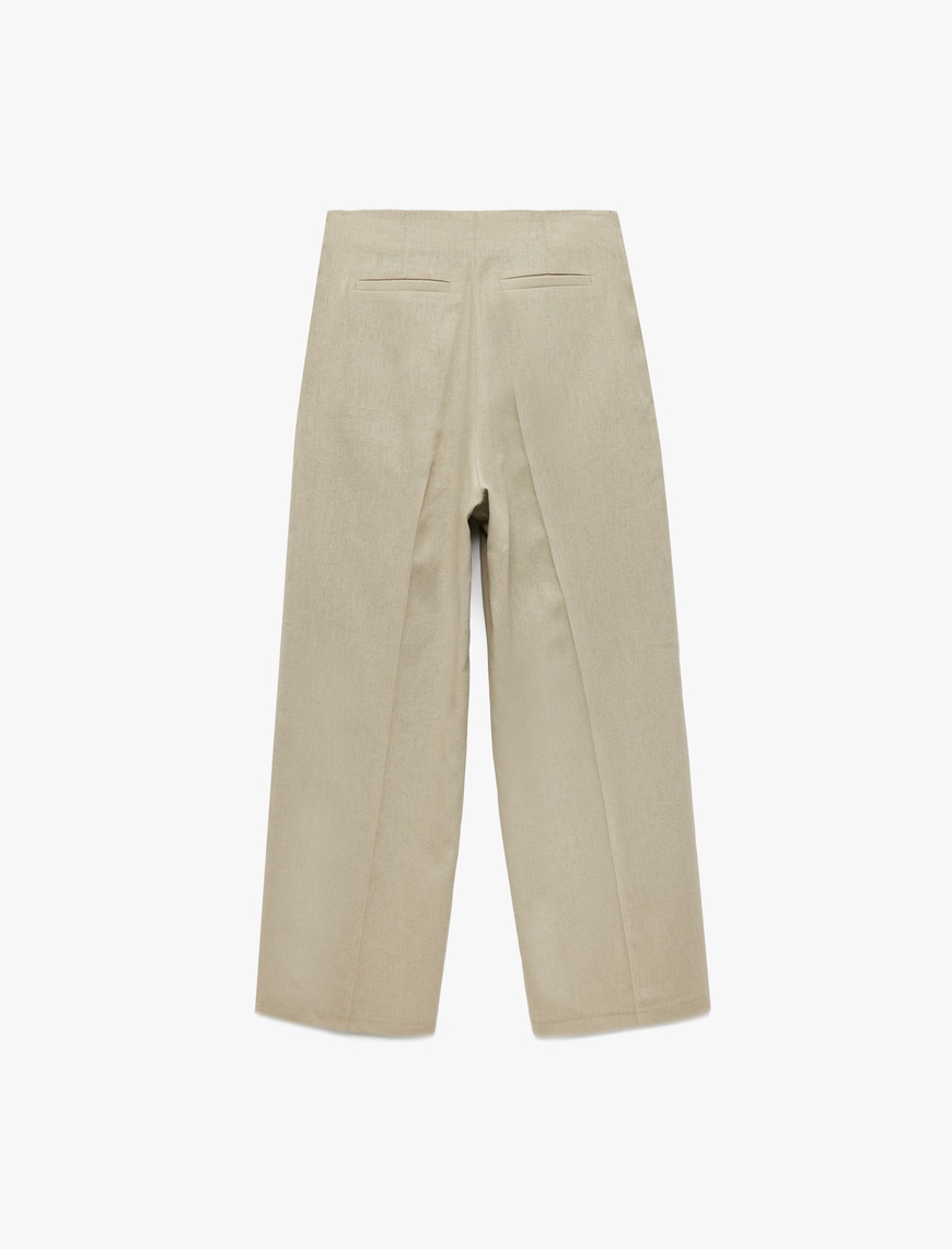   Normal Bel Cepli Düz Bol Paça Keten Pantolon