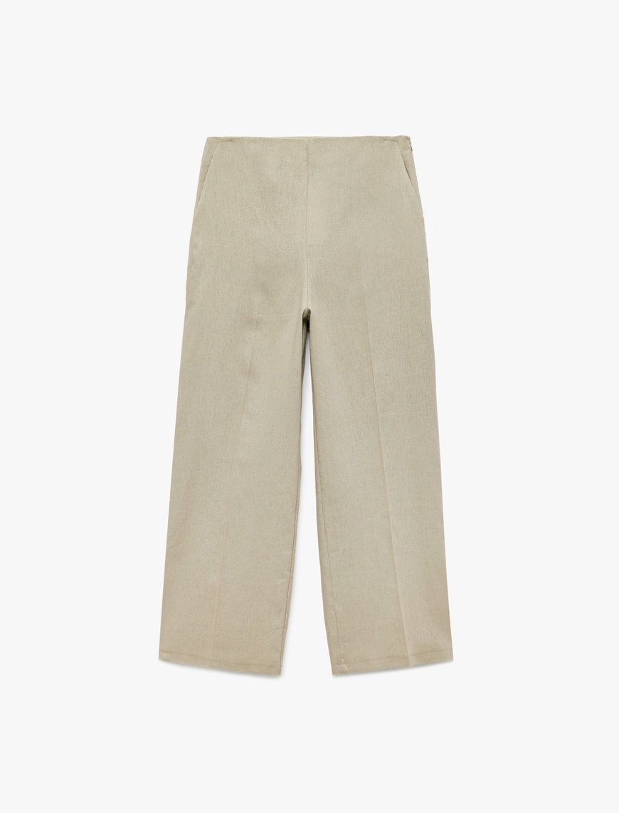   Normal Bel Cepli Düz Bol Paça Keten Pantolon