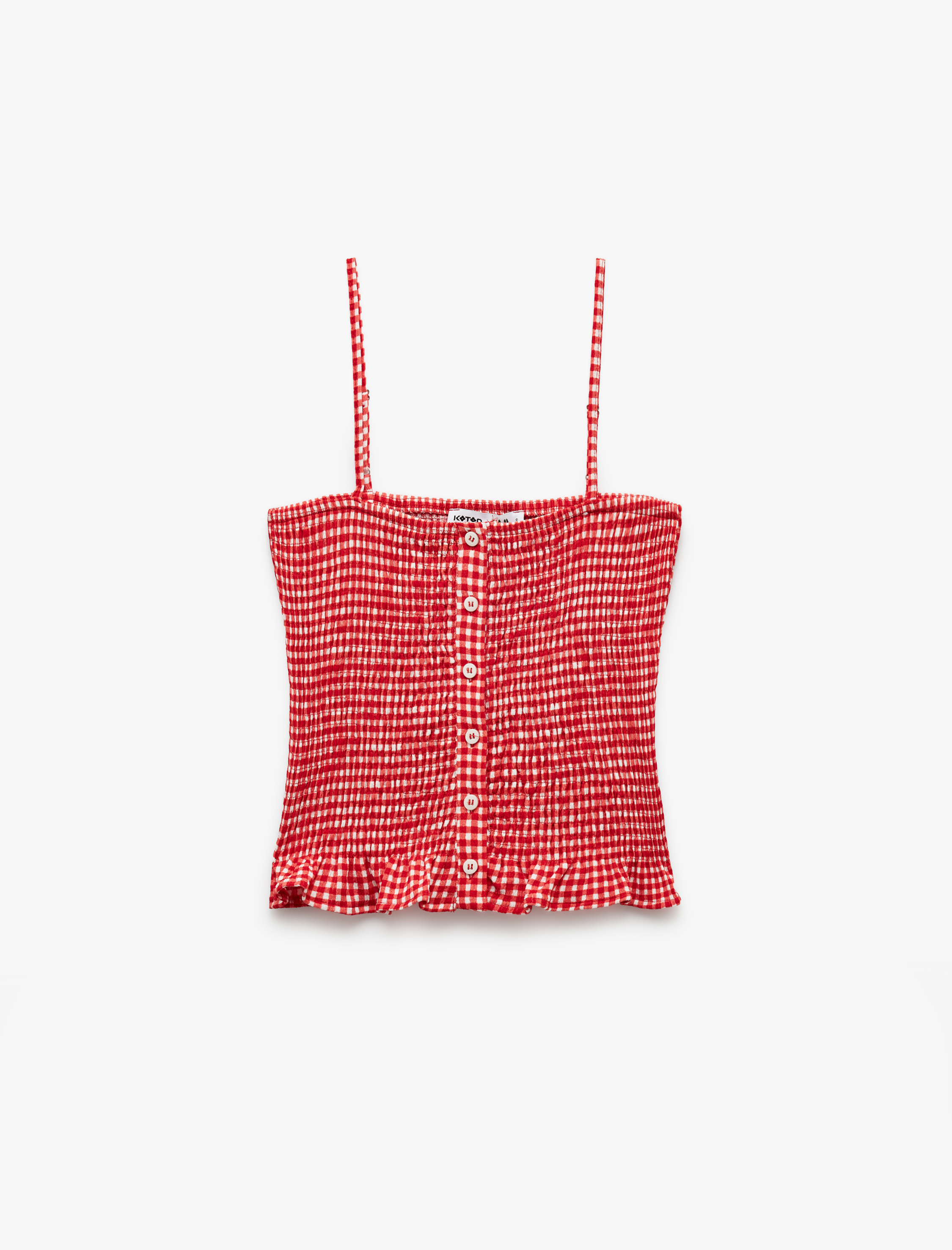   Gipeli Düğmeli Fırfırlı Dar Kesim Pötikareli İp Askılı Crop Bluz