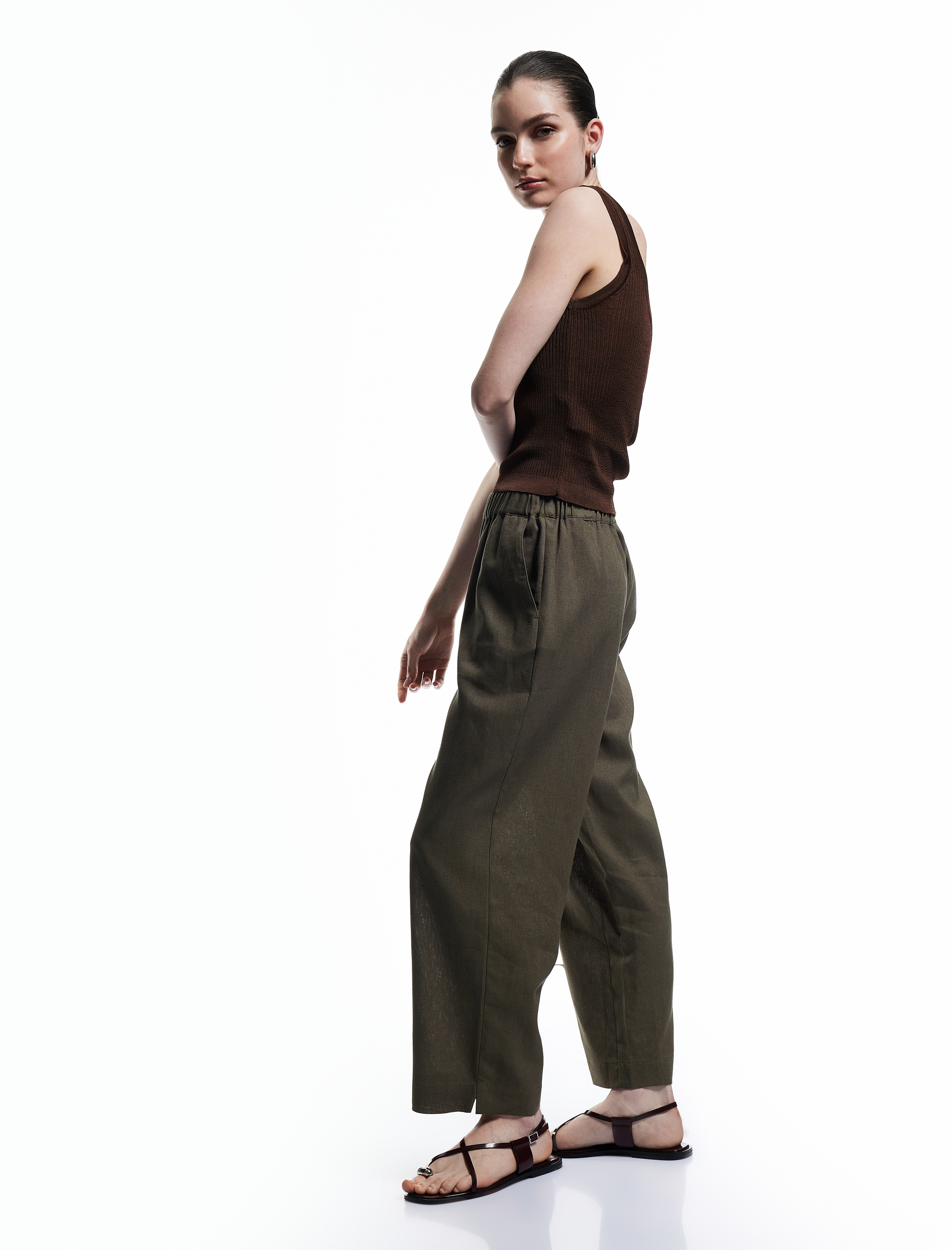   Beli Lastikli Astarlı Cepli Bol Paça Keten Pantolon