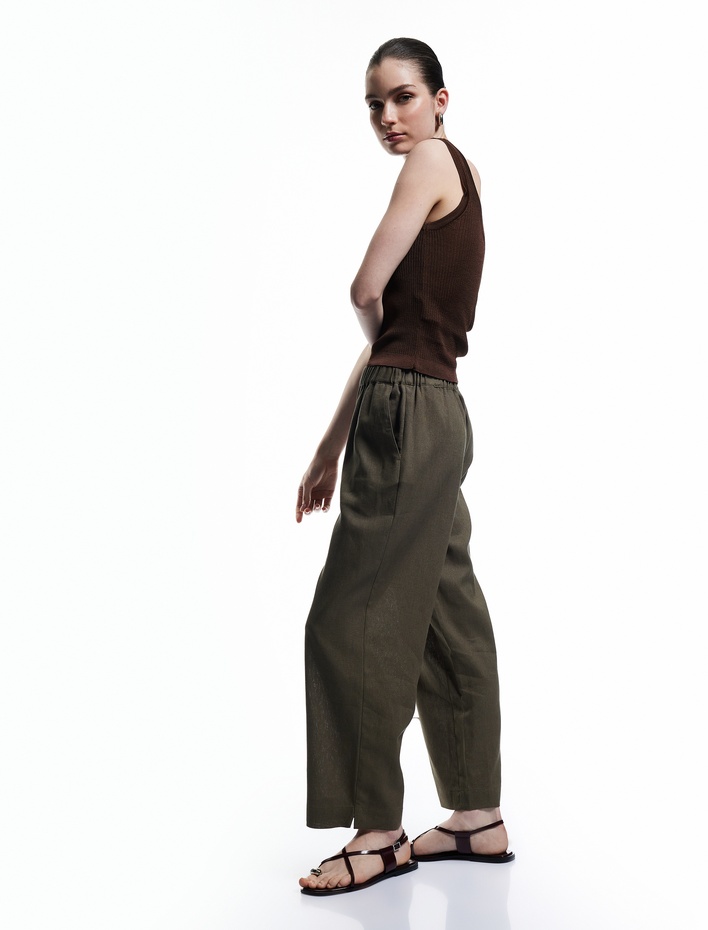  Beli Lastikli Astarlı Cepli Bol Paça Keten Pantolon