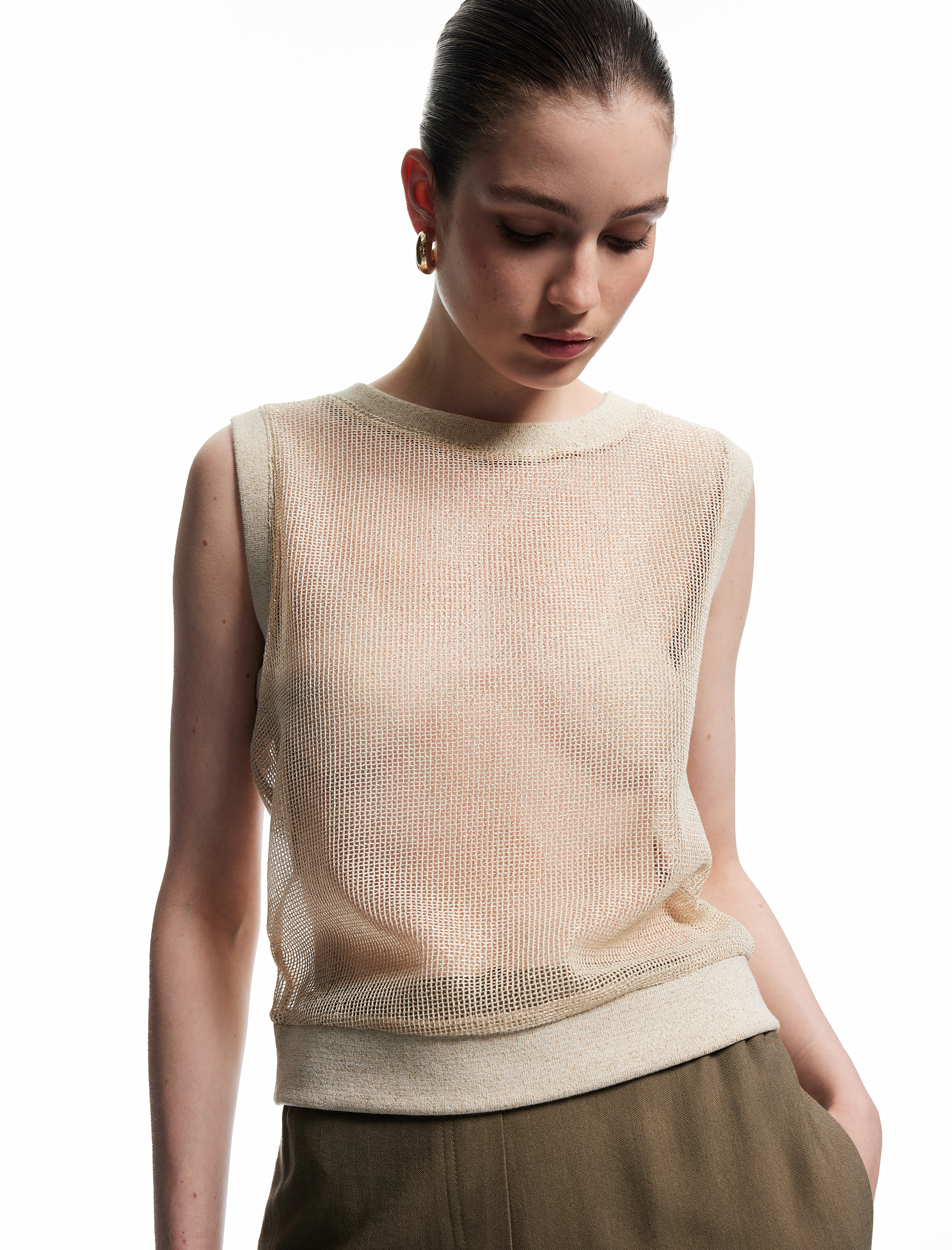   Metalik İplik Detaylı Transparan Kolsuz Bisiklet Yaka Parlak File Süveter