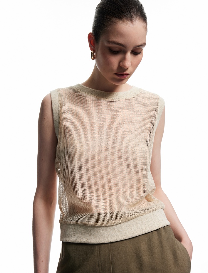  Metalik İplik Detaylı Transparan Kolsuz Bisiklet Yaka Parlak File Süveter