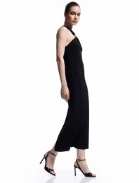 Sandy Kumaş Slim Fit Kolsuz Aksesuarlı Asimetrik Halter Yaka Midi Elbise
