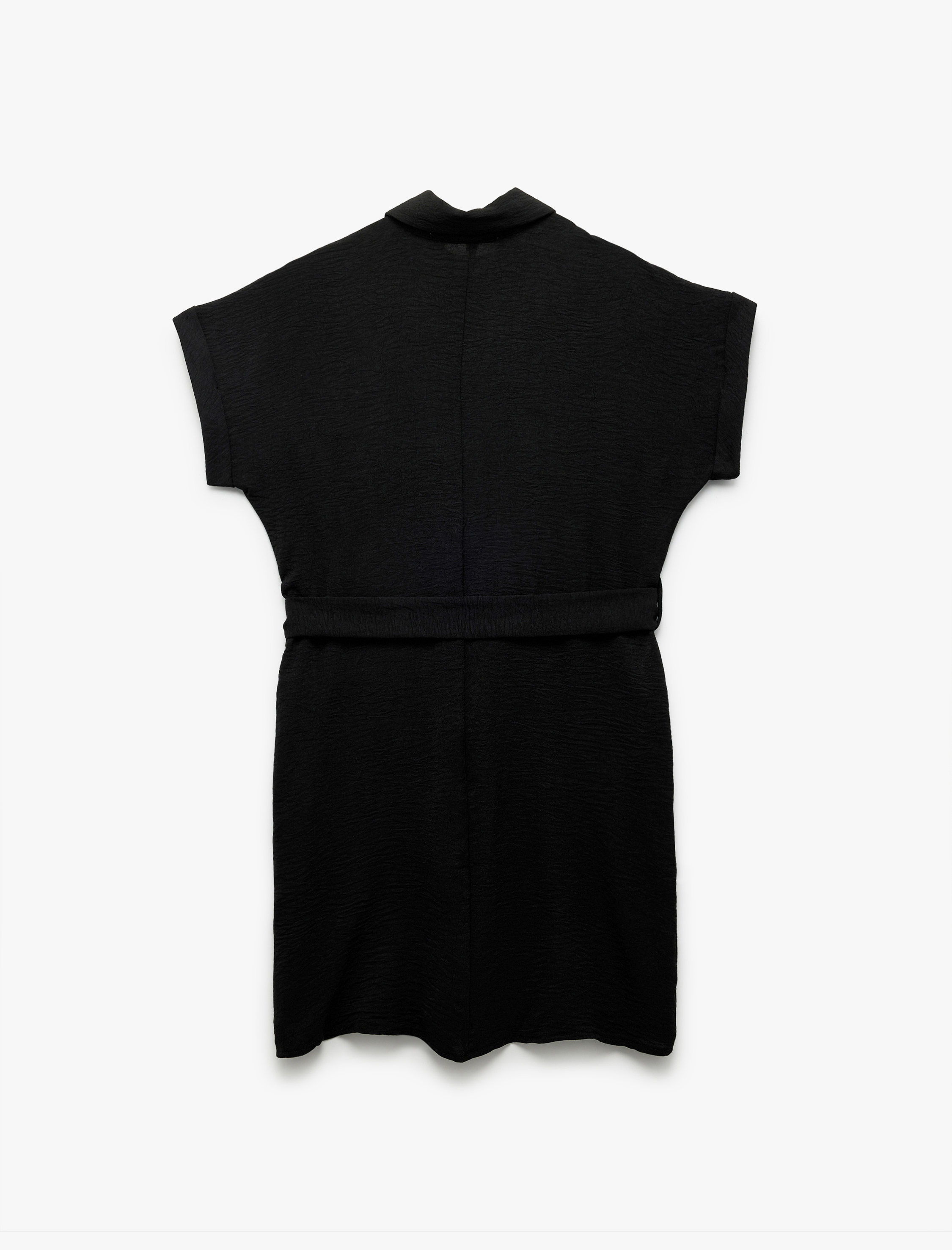   Cep Detaylı Kısa Kollu Düğmeli Kuşak Detaylı Gömlek Elbise