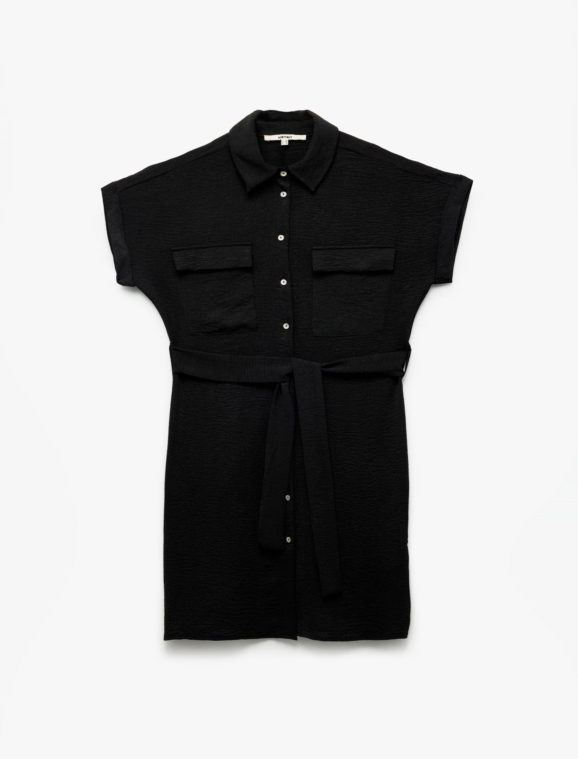   Cep Detaylı Kısa Kollu Düğmeli Kuşak Detaylı Gömlek Elbise