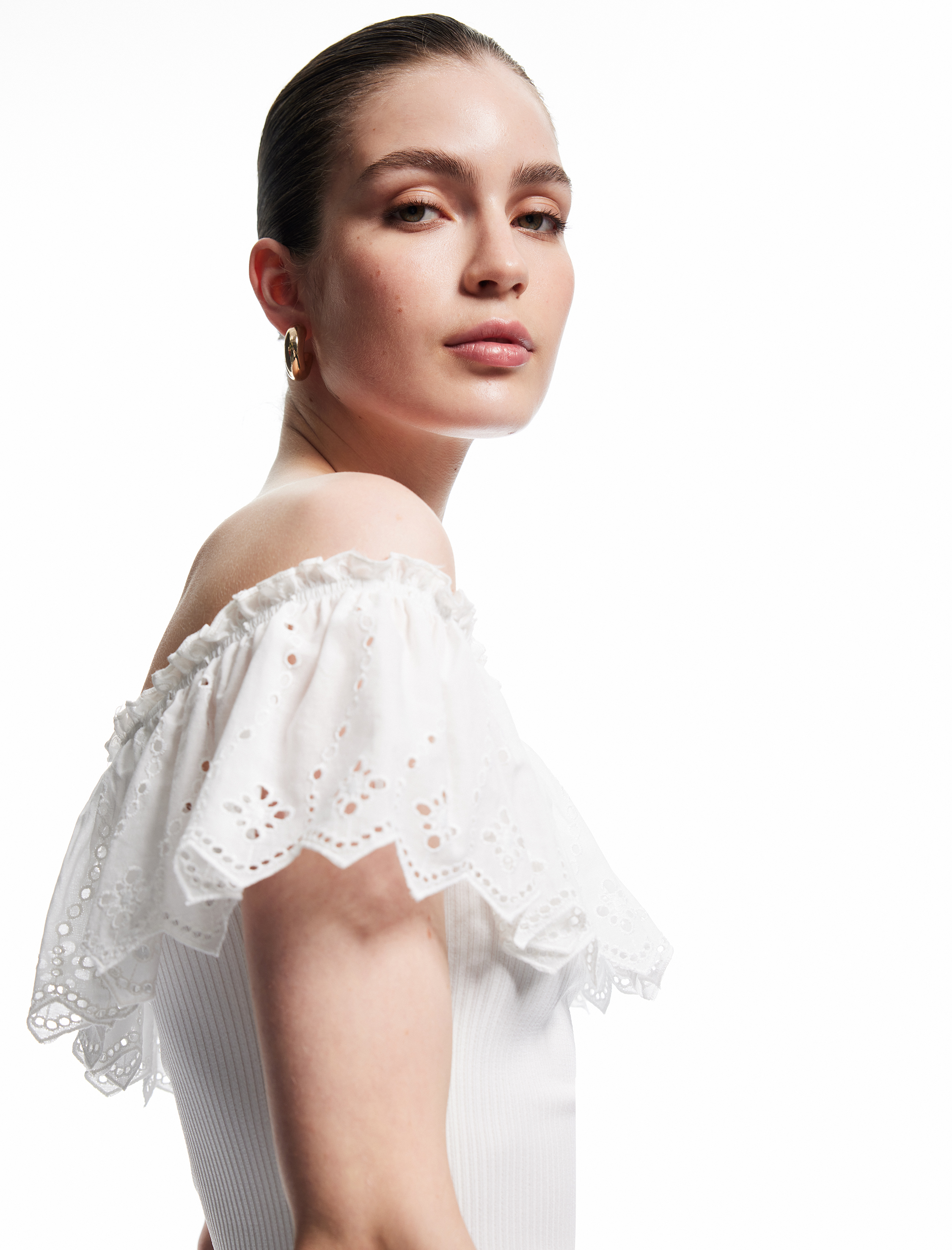   Fistolu Brodeli Fırfırlı Açık Omuz Triko Bluz