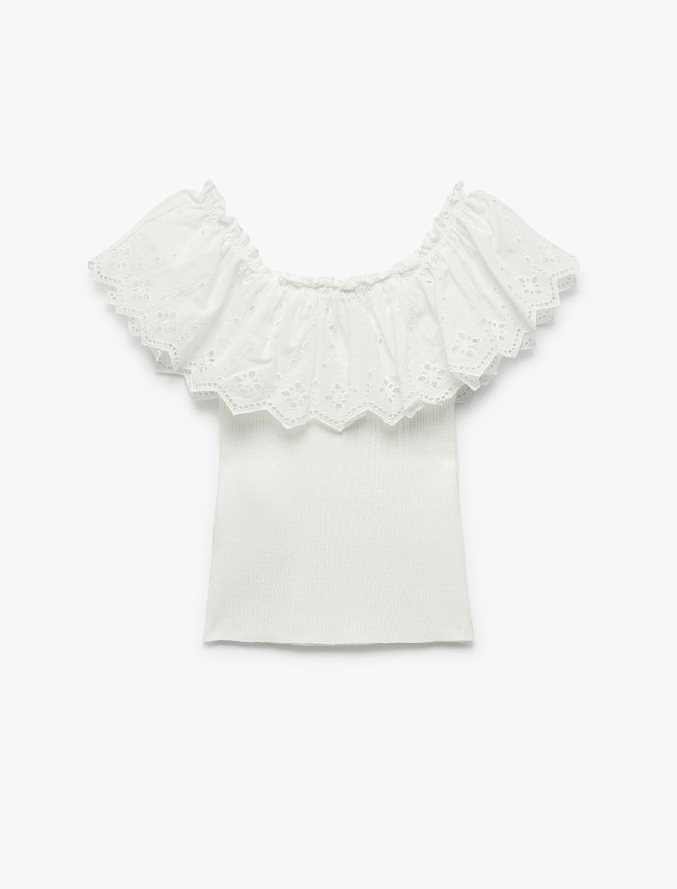   Fistolu Brodeli Fırfırlı Açık Omuz Triko Bluz